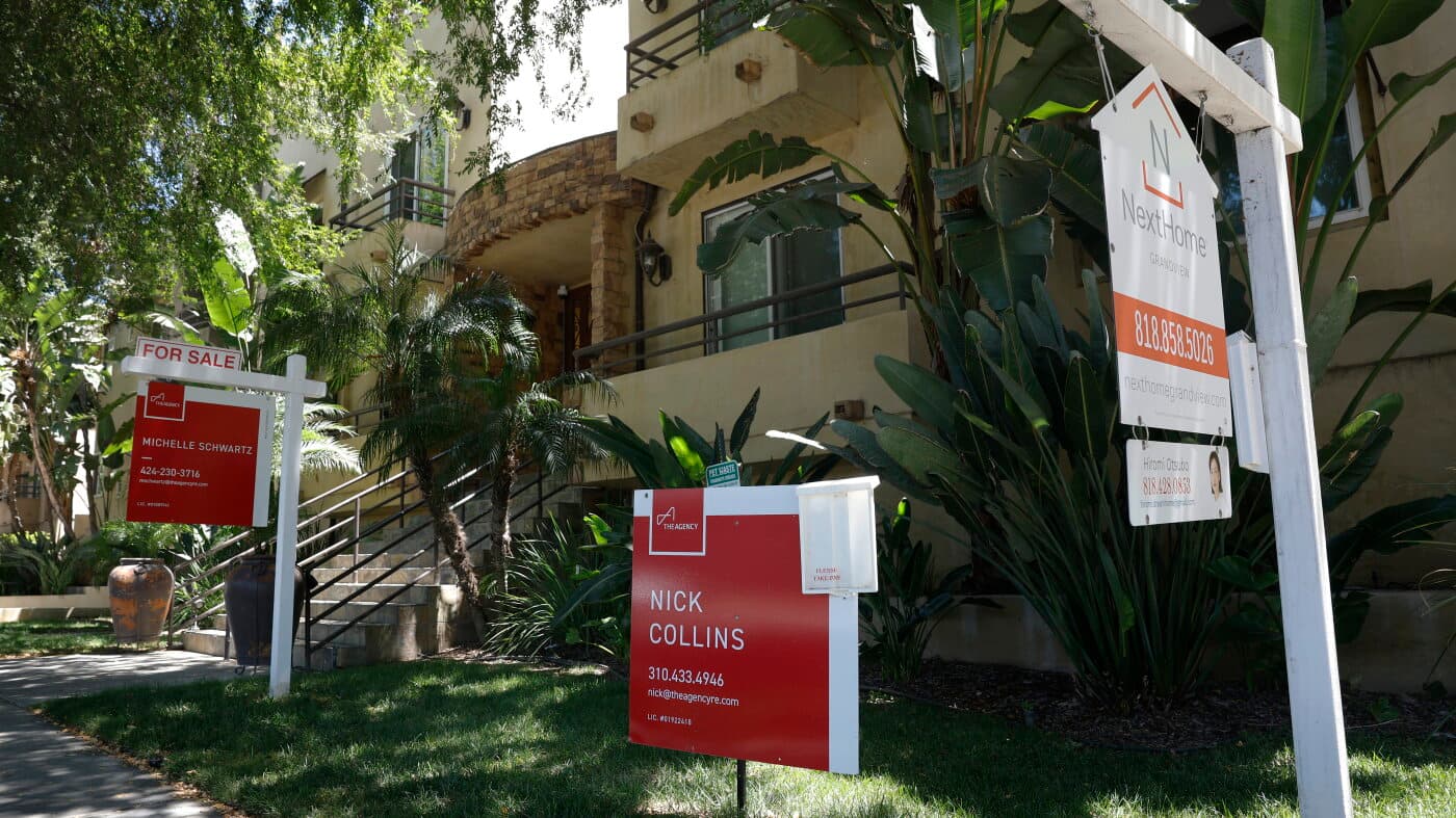 For-sale signs outside condominiums in Los Angeles.