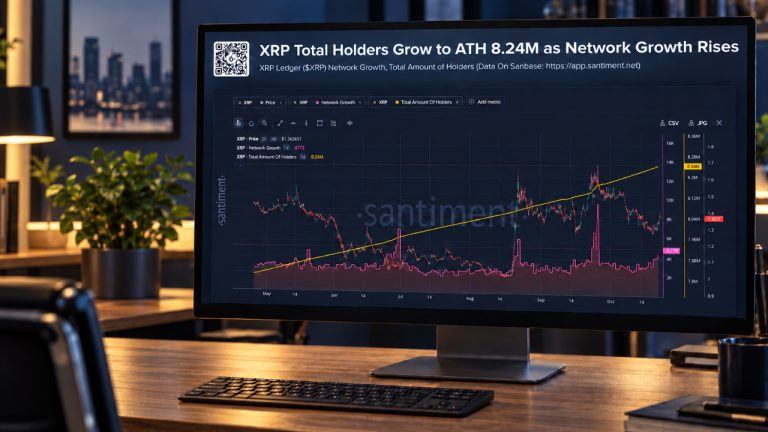Santiment chart showing XRP Ledger nonempty addresses reaching 8.24 million and daily network growth of 4,772 addresses