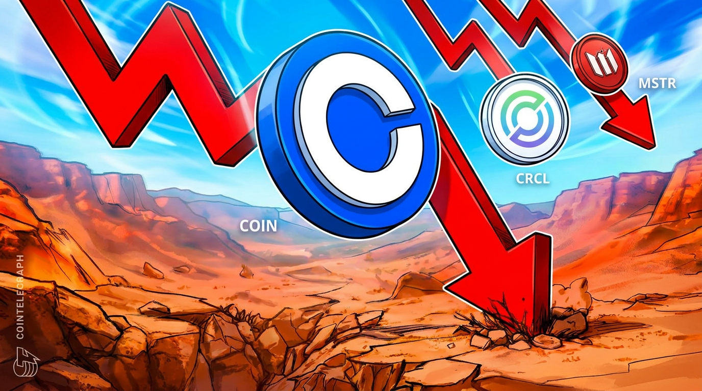 Financial charts and stock price tickers showing a downward trend in cryptocurrency equities