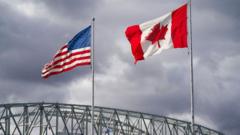 US and Canadian flags near the Blue Water Bridge border crossing