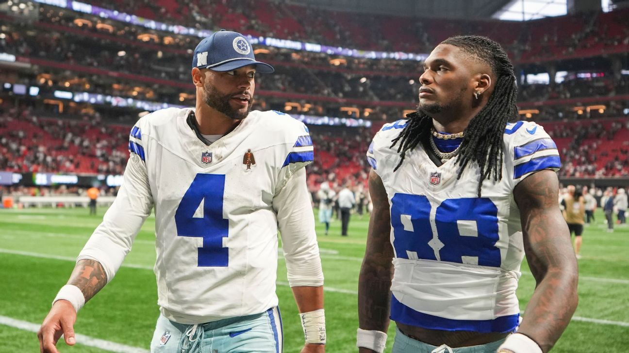 Dallas Cowboys quarterback Dak Prescott and wide receiver CeeDee Lamb on the field.
