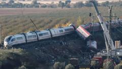 Emergency workers at the site of the high-speed train collision near Urda, Spain, following the crash that killed at least 69 people