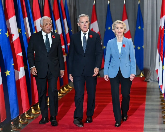 Canadian Prime Minister Mark Carney and European Commission President Ursula von der Leyen address reporters at the Montreal summit.