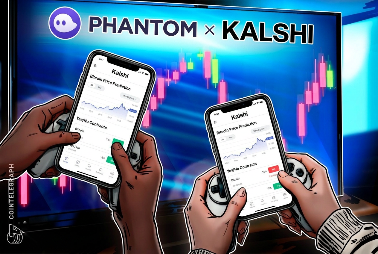 Illustration of in-app prediction market trading through Phantom and Kalshi