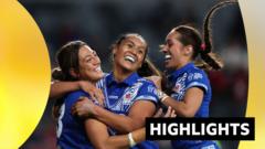 Fetu Samoa players celebrate a try during their 76-0 victory against Wales at the 2026 Women's Rugby League World Cup.