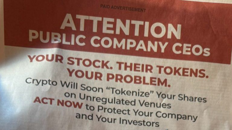 A Wall Street Journal newspaper open to a full-page anti-tokenization advertisement, with a digital blockchain graphic overlaid in the background
