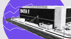 Illustration of a data centre building against a purple background with jagged white lines