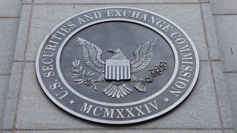 The exterior facade and seal of the U.S. Securities and Exchange Commission headquarters building in Washington.
