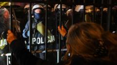 Police officers standing guard outside Poland's Constitutional Tribunal building in Warsaw during a political standoff.