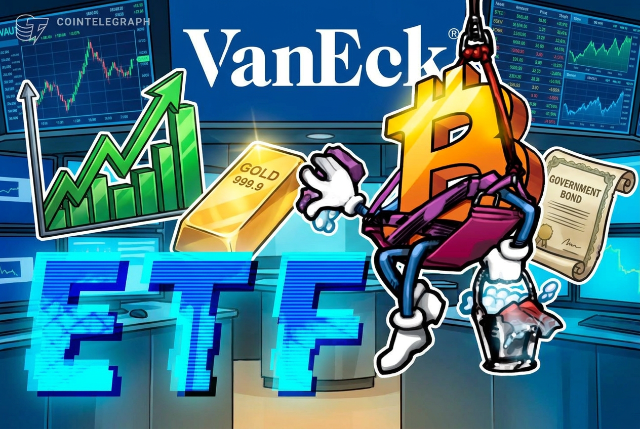 VanEck logo displayed alongside stock market ticker data representing the launch of the WBMO Wealth Builder ETF