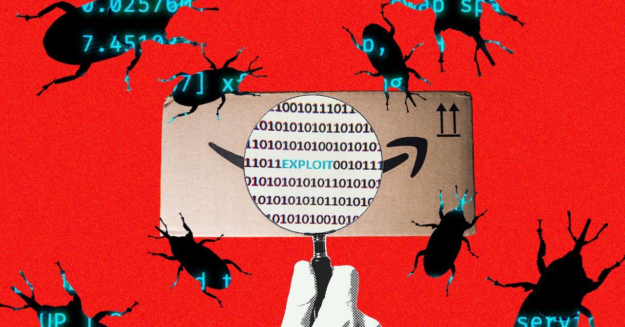 Photo illustration of digital bugs surrounding an Amazon box