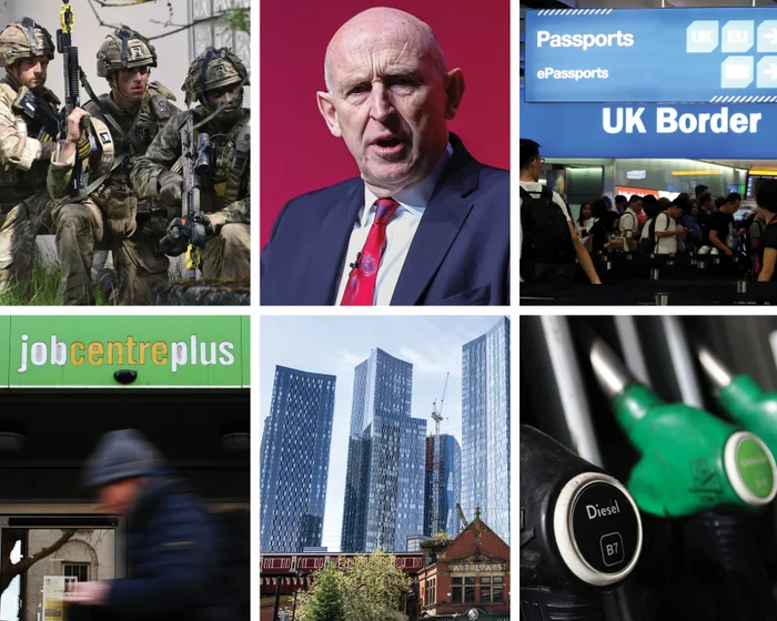 Composite showing John Healey, a petrol pump, a Jobcentre Plus sign, military personnel and the City