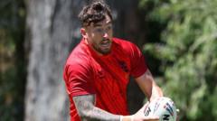England winger Matty Ashton during training ahead of the Rugby League World Cup clash against France in Perth.