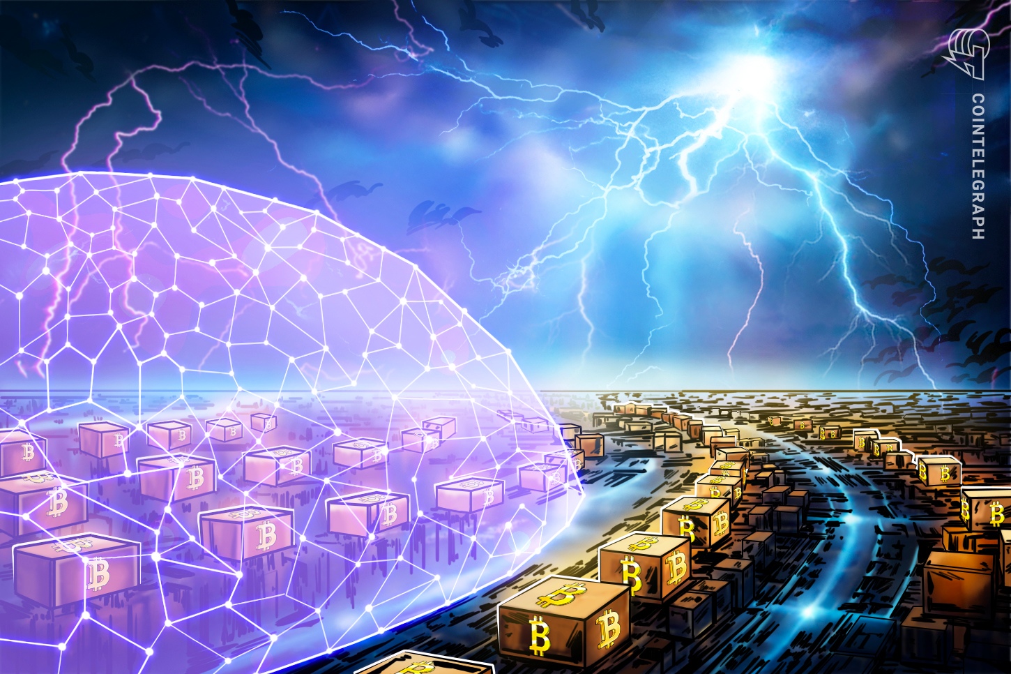Abstract visualization of a quantum computer circuit overlaid on a Bitcoin symbol, representing quantum computing threats to cryptocurrency security