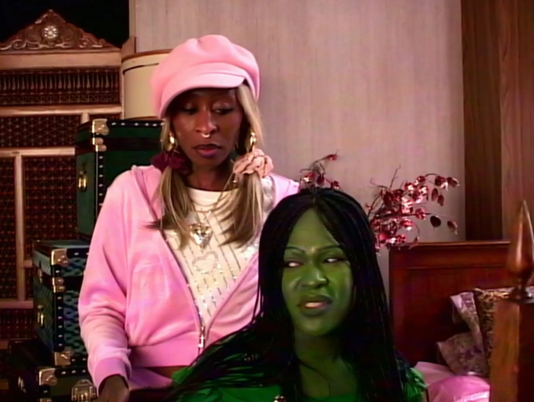 Cynthia Erivo as Glinda in a blonde wig and pink velour tracksuit in the “Nigerian Wicked” sketch.
