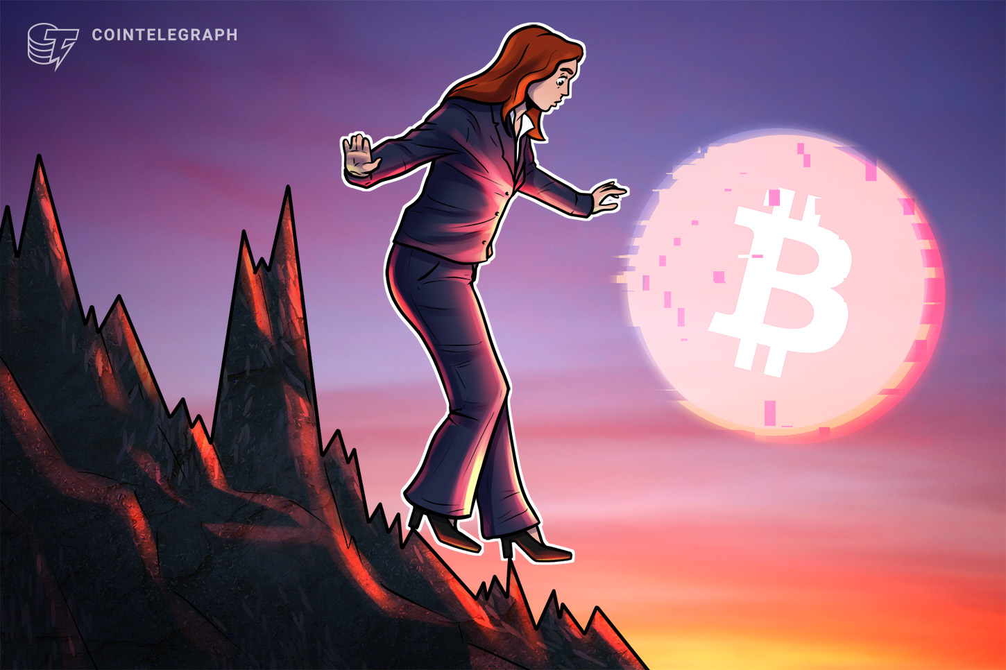 Bitcoin physical coin resting in front of declining financial stock market charts and graphs