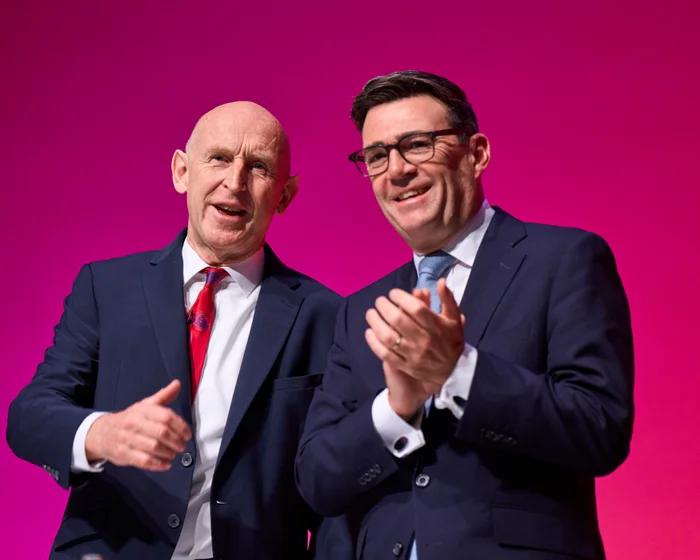Chancellor John Healey and Greater Manchester Mayor Andy Burnham at a press briefing ahead of the UK budget announcement