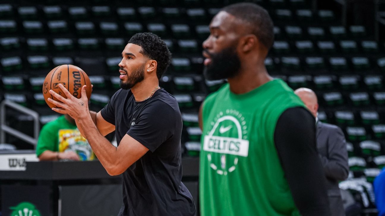 Boston Celtics forward Jayson Tatum speaks at a postgame press conference.