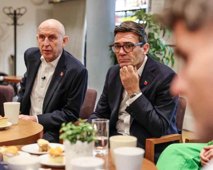 Chancellor John Healey with Prime Minister Andy Burnham at a community centre