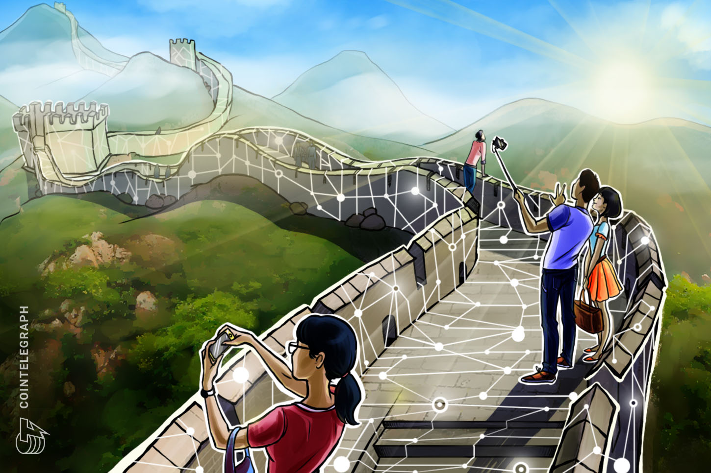 Digital visualization of interconnected blockchain data nodes representing China's national technological infrastructure.
