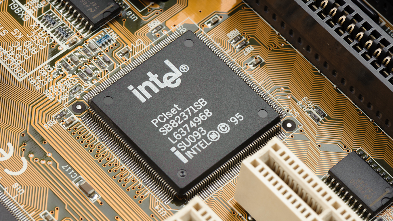 Intel corporate logo displayed on a digital screen against stock market data charts