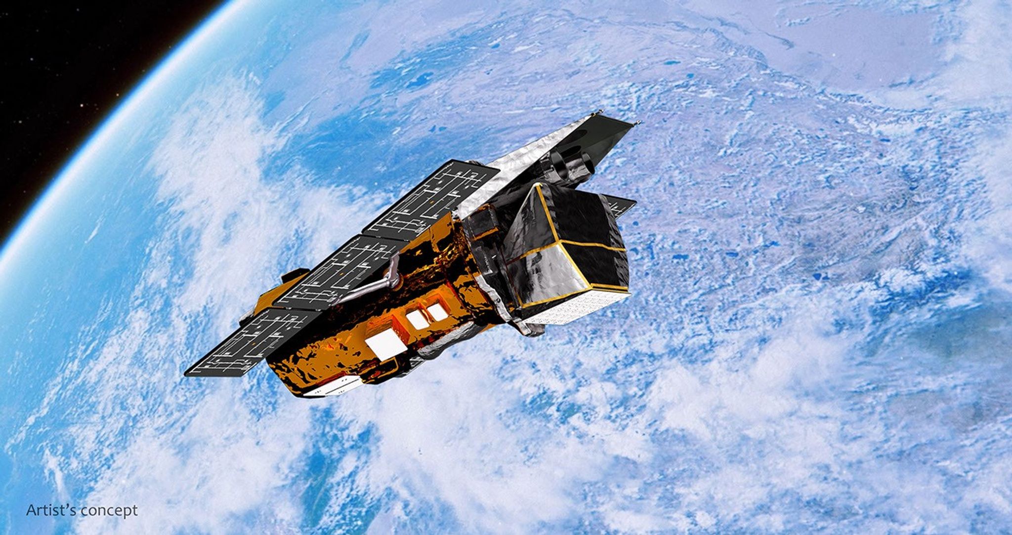 Artist's illustration of NASA's Neil Gehrels Swift Observatory in orbit above Earth against a starfield backdrop