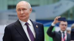 Vladimir Putin speaking at the Russia-Africa summit with a screen displaying satellite imagery in the background