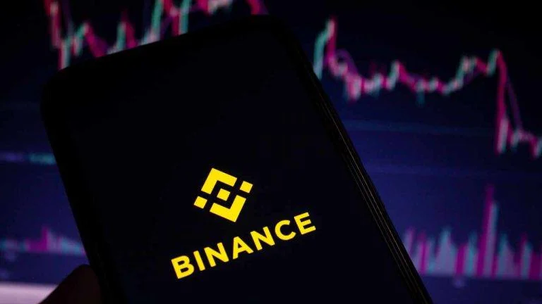 Binance digital exchange logo displayed alongside secure blockchain network graphics and security status indicators