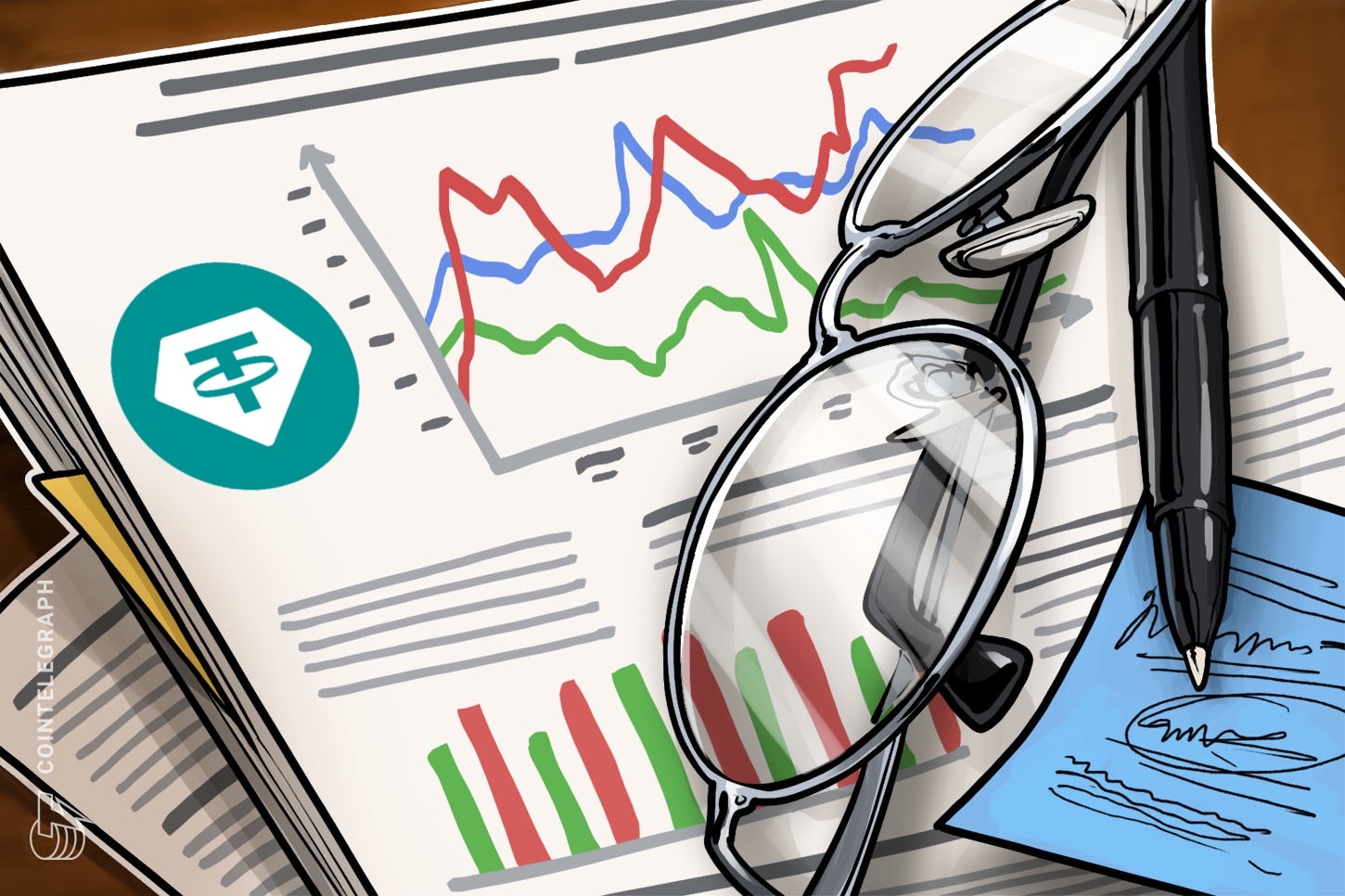 A digital graphic representing Tether USD₮ reserves, U.S. Treasury bills, and digital assets.