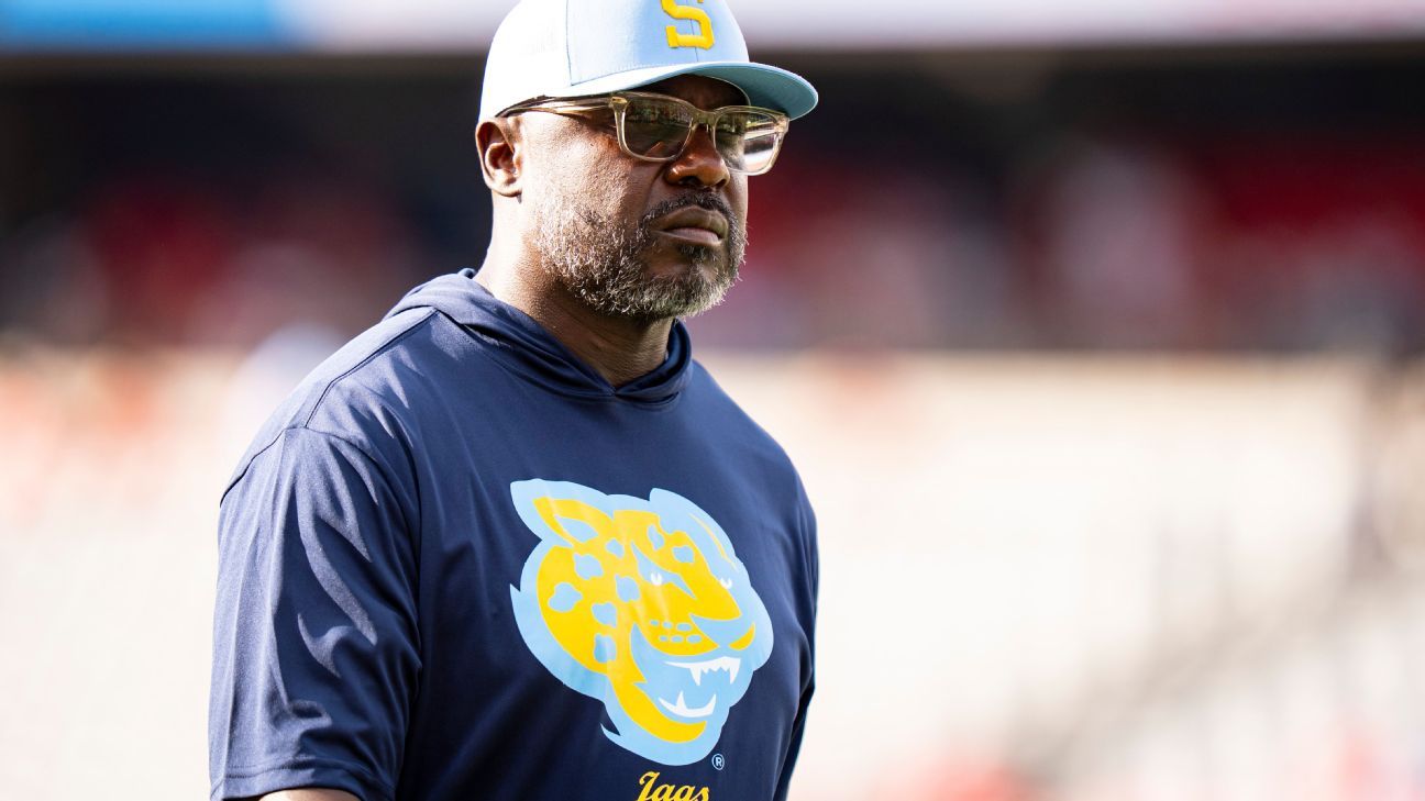 Southern University head coach and Pro Football Hall of Famer Marshall Faulk speaking during a press appearance.