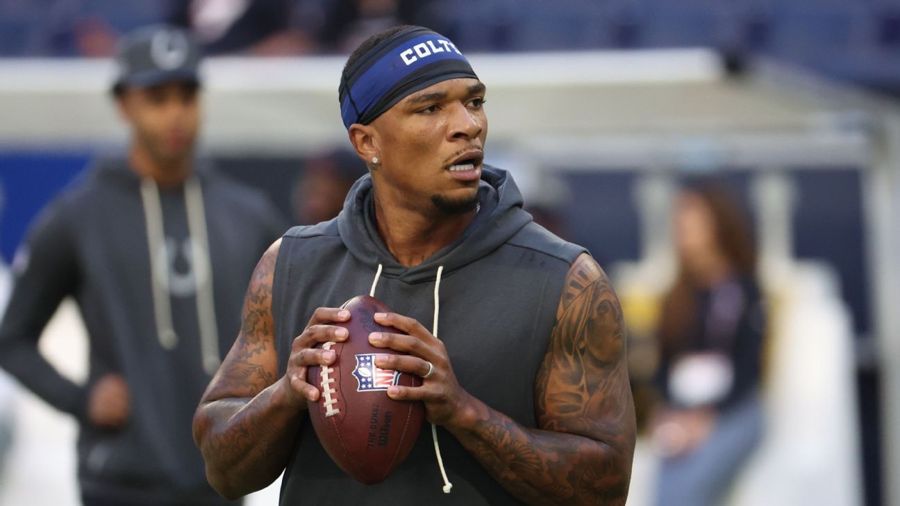 Indianapolis Colts quarterback Anthony Richardson looking downfield during an NFL game.