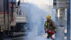 Emergency responders work at Dnipro's central railway station after a Russian drone strike killed at least 14 people on the platform