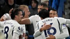 Tottenham players celebrate during their 2-0 victory over Chelsea at Stamford Bridge