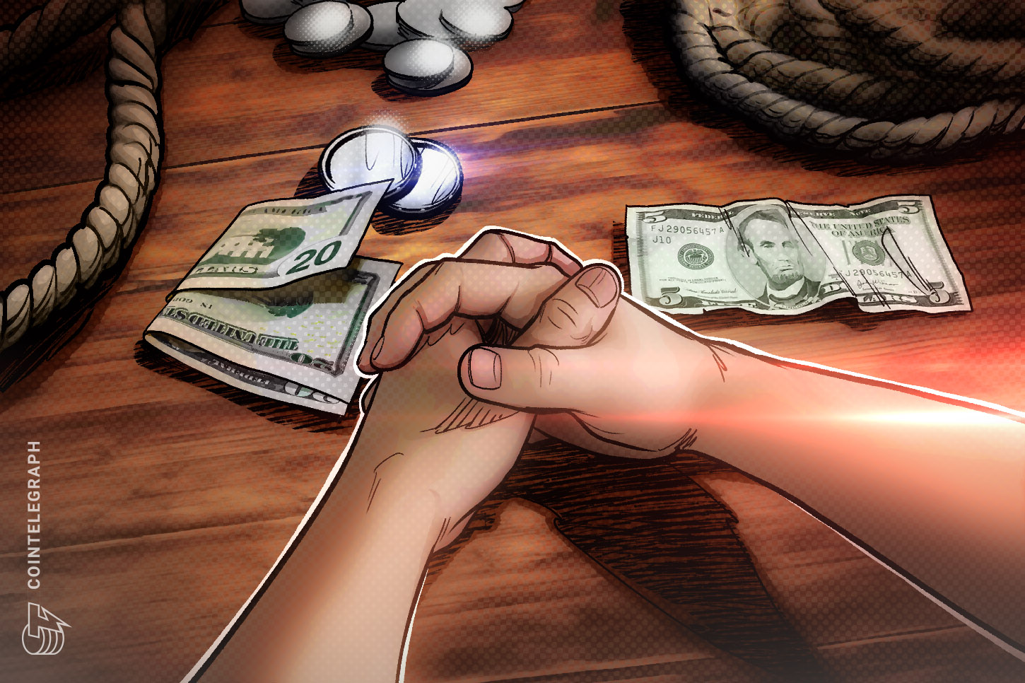 Illustration of Bitcoin alongside US dollar and interest-rate imagery