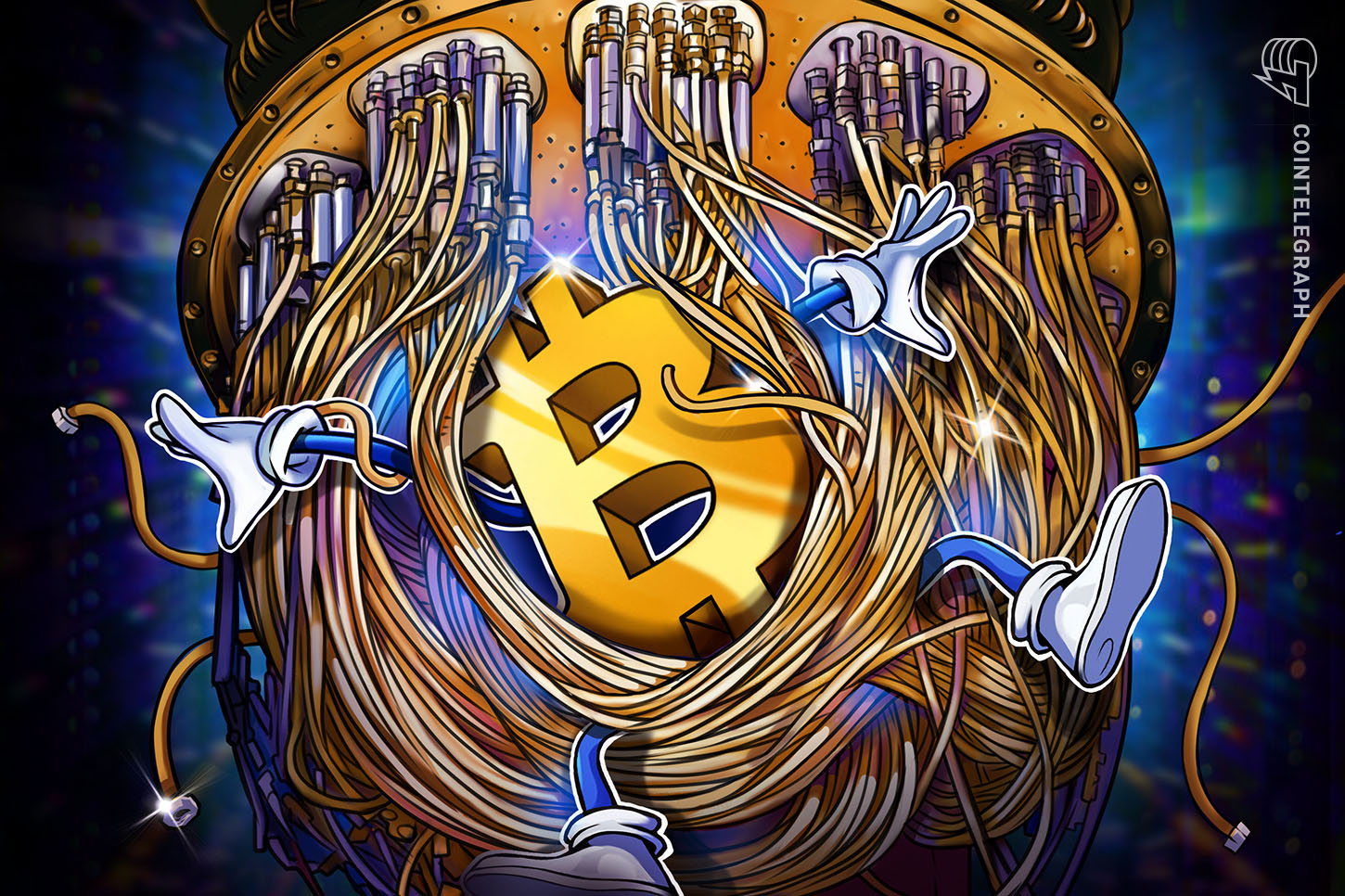 Illustration of a physical Bitcoin token set against high-tech quantum computing circuitry and digital code