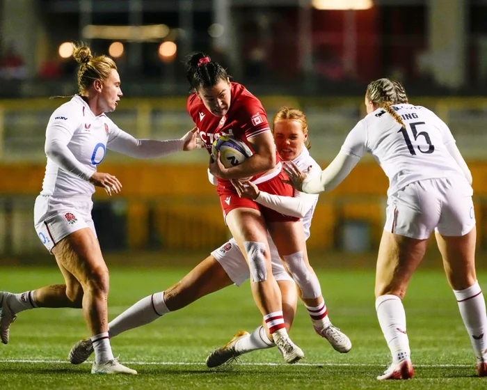 Canada women's rugby captain Sophie de Goede celebrating during the WXV match against England in Ottawa