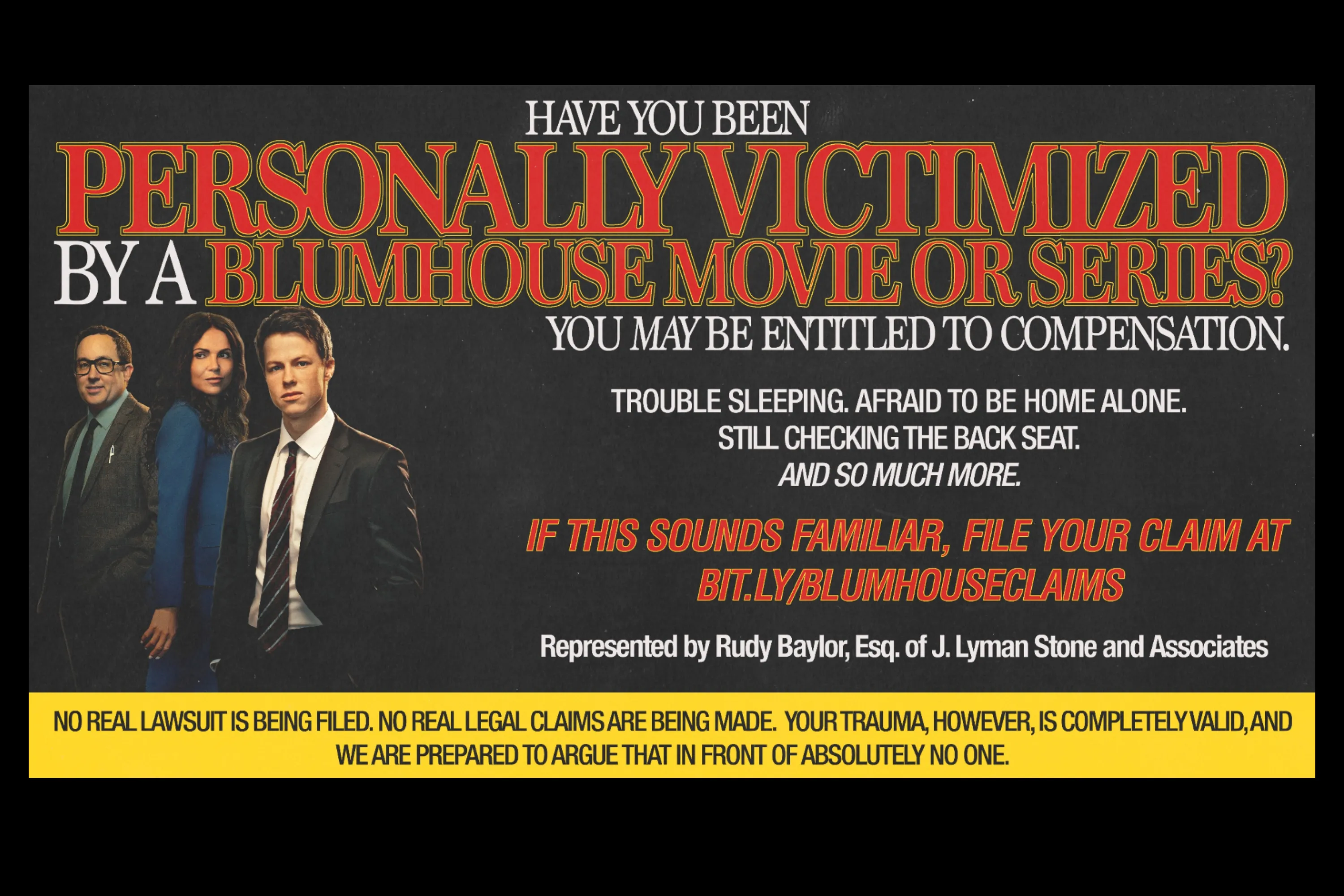 A promotional graphic parodying a classic class-action legal advertisement for Blumhouse.