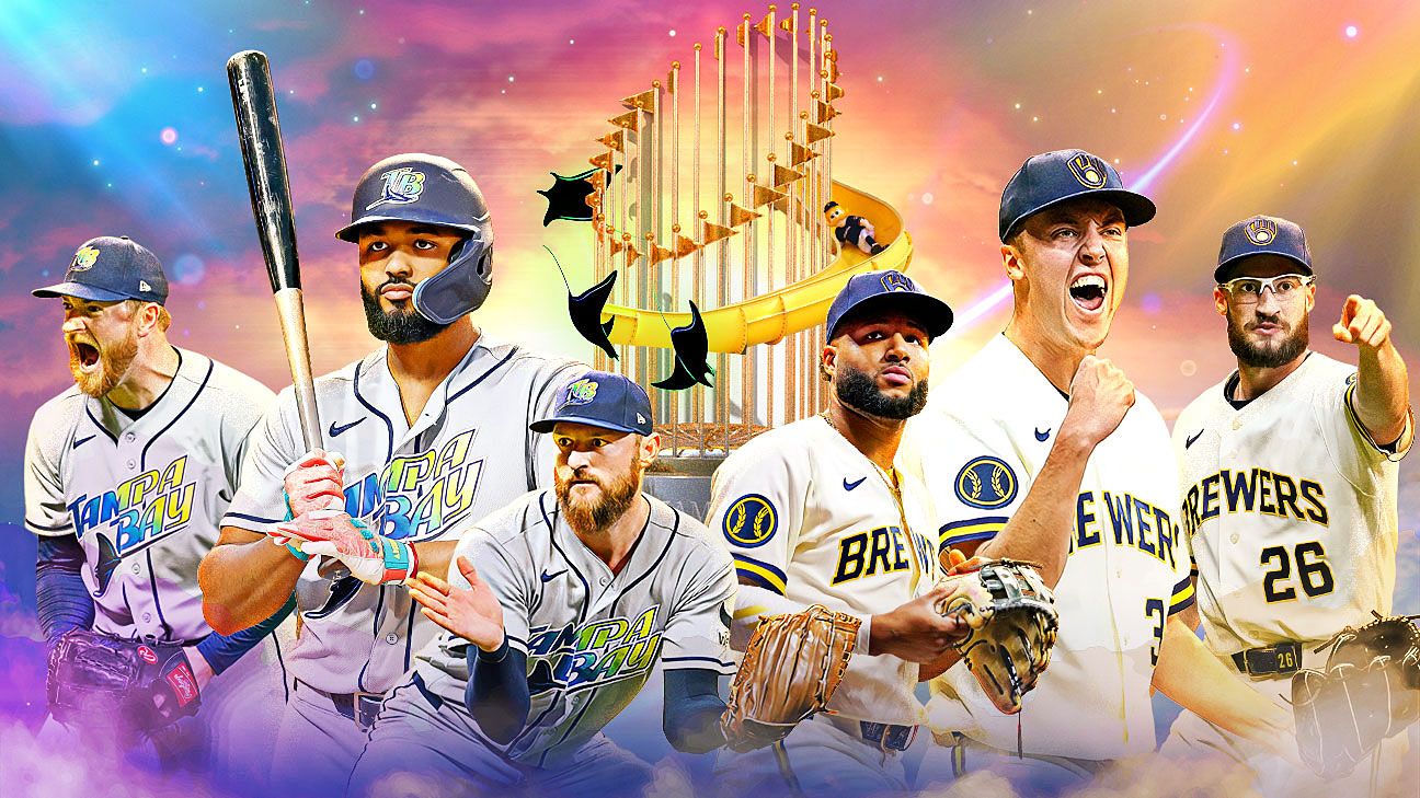 Milwaukee Brewers and Tampa Bay Rays logos alongside the World Series trophy.