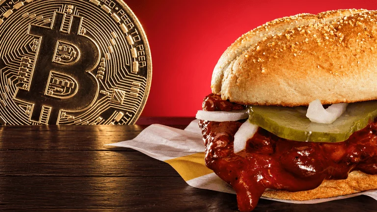 McDonald’s McRib sandwich alongside a bitcoin symbol