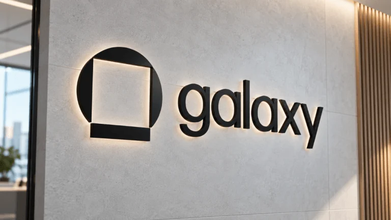 Galaxy Digital CEO Mike Novogratz speaking at a financial conference with the Galaxy Digital logo visible in the background