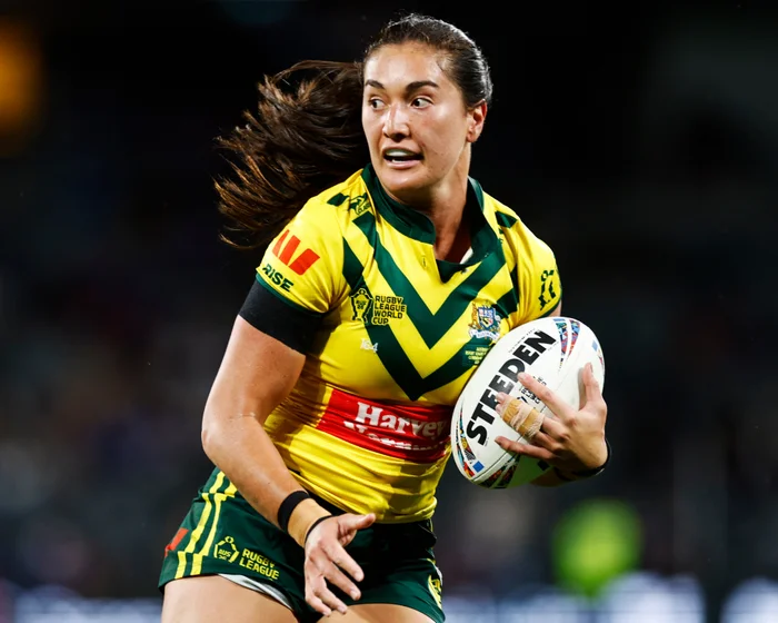 Rugby ball on the pitch ahead of the Women's Rugby League World Cup match between Australia and England at HBF Park
