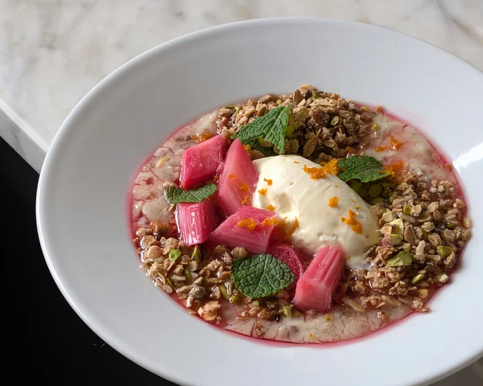 A warm ceramic bowl of steaming oat porridge garnished with caramelized banana, tahini, and seasonal fruit