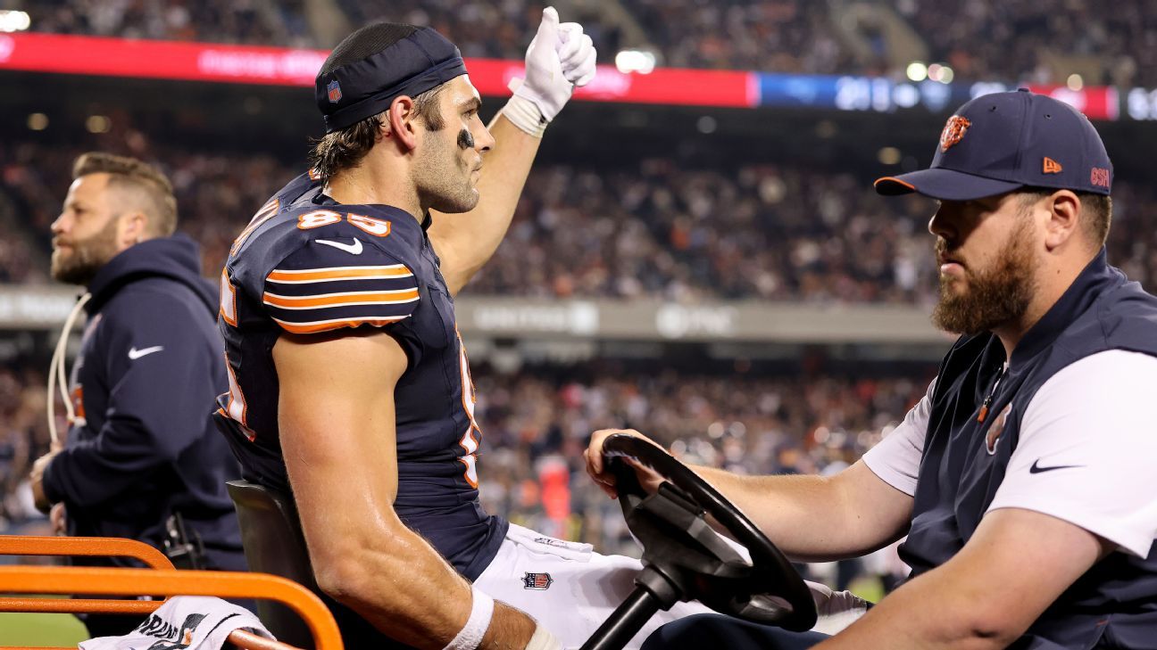 Chicago Bears tight end Cole Kmet running on the field during an NFL game