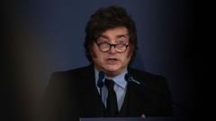 Argentine President Javier Milei speaking at an official podium in Buenos Aires.