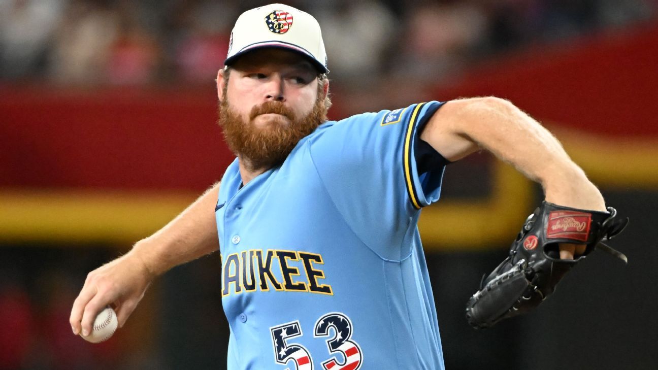 Milwaukee Brewers pitcher Brandon Woodruff delivering a pitch from the mound.