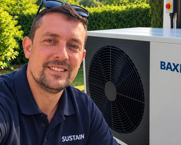 Heat pump installer Bill Tuck standing beside an outdoor heat pump unit