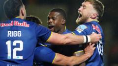 Christian Wade of Newcastle celebrating after scoring his record-equalling 101st Premiership try against Sale Sharks.