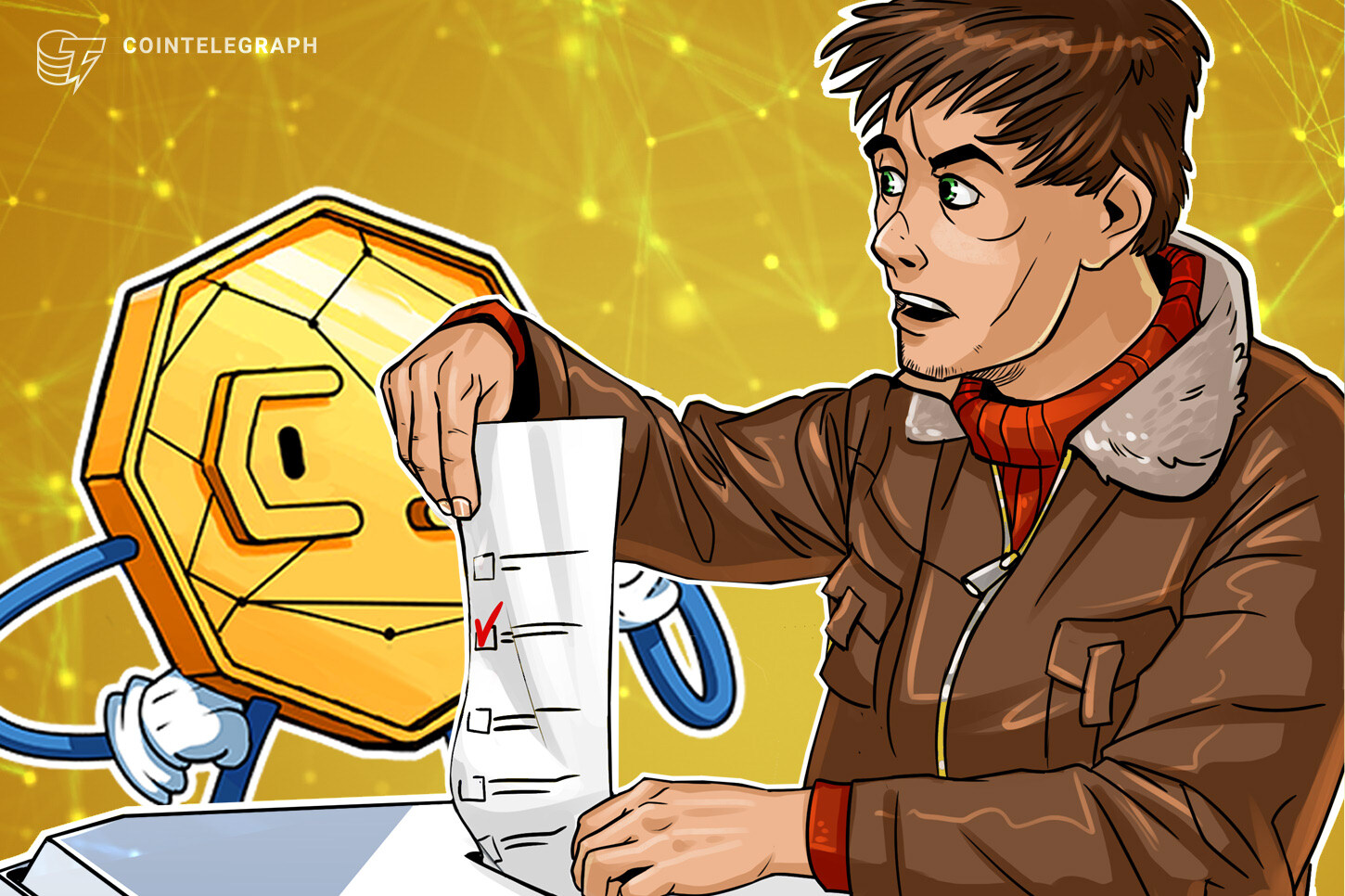 Illustration of US financial technology and digital assets alongside an election ballot