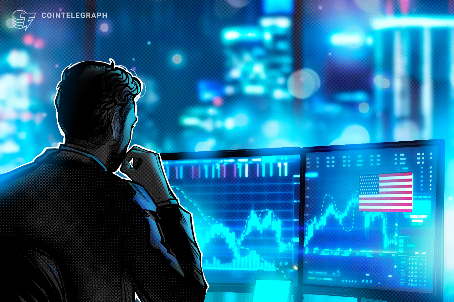 Digital visualization of traditional stock market indices overlaid with blockchain trading network symbols.