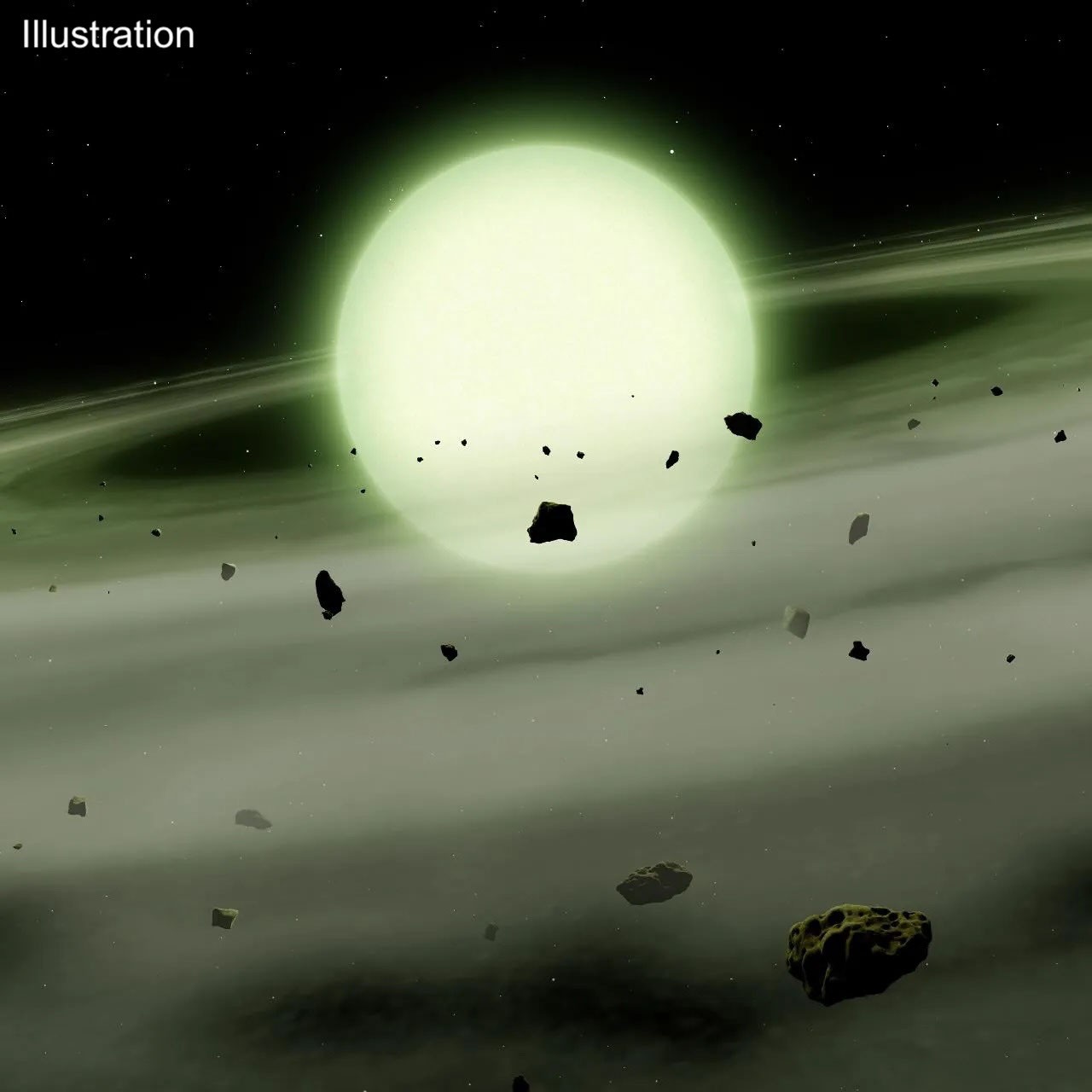 Artistic rendering of the green-hued white dwarf WD J1330+6435 glowing among debris from destroyed planets.
